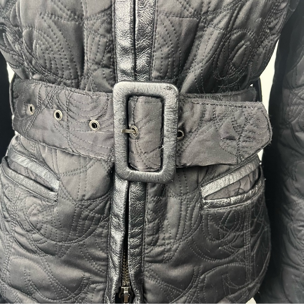 Bebe Y2K Rabbit Fur Trimmed down and feather filled belted jacket black size M - Picture 2 of 10